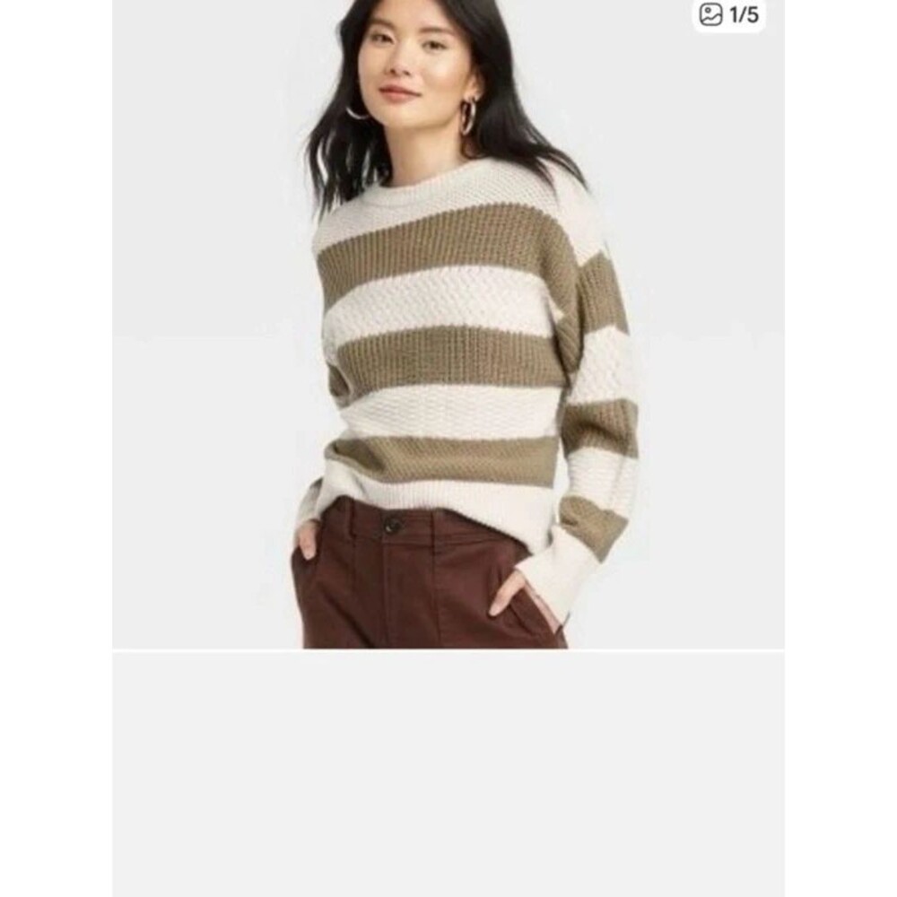 a new day Striped Crewneck Sweater in Cream and Olive